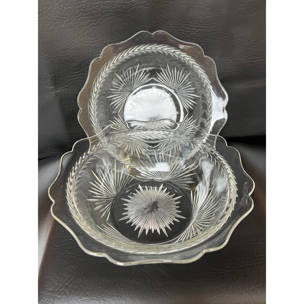Jeannette Glass 30s Sunburst Herringbone Serving Bowls Set 2